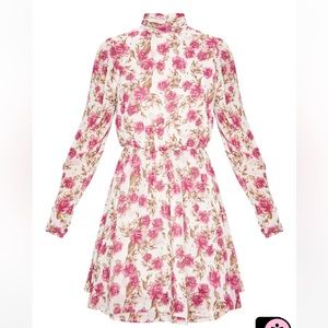 PrettyLittleThing Floral Print High Neck Chiffon Skater Dress